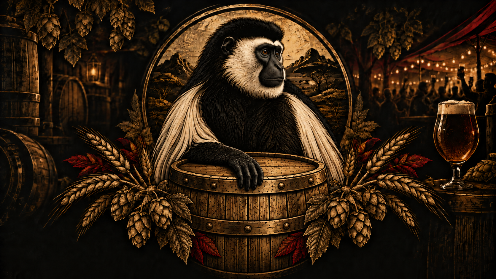 Engraved colobus monkey brewery artwork with hops and festival lights